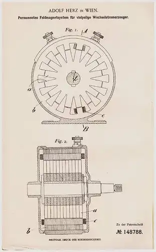 Original Patentschrift - Adolf Herz in Wien , 1903 , Feldmagnetsystem für Wechselstromerzeuger  !!!