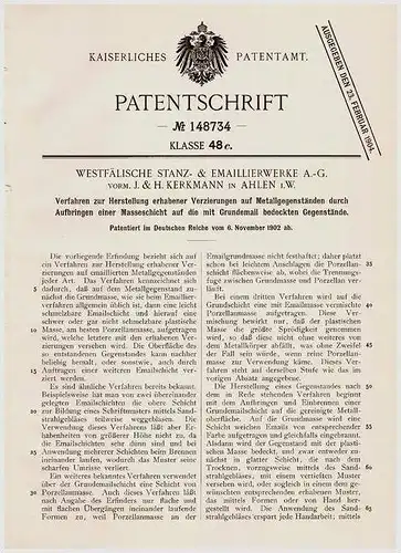 Original Patentschrift - Westfäl. Emaillierwerk AG in Ahlen i.W., 1902 , erhabene Verzierungen auf Emaille - Schilder !!