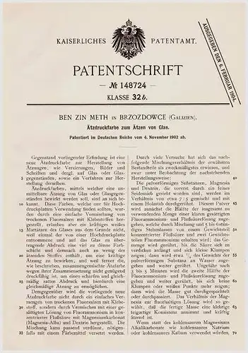Original Patentschrift - Ben Zim Meth in Brzozdowce , Galizien , Ätzdruckfarbe zum Ätzen von Glas !!!