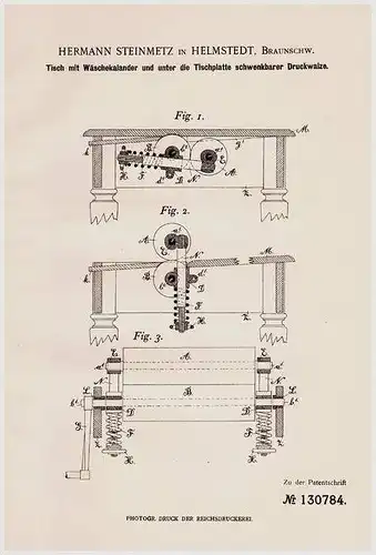 Original Patentschrift - H. Steinmetz in Helmstedt , Braunschweig , 1901 , Tisch mit  Wäschekalander  !!!