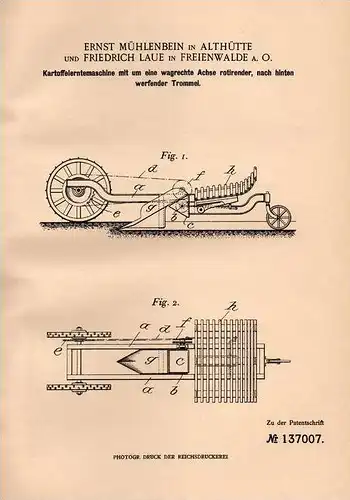 Original Patentschrift - F. Laue in Freienwalde a.O. und Althütte , 1901 , Kartoffel - Erntemaschine , Landwirtschaft !!