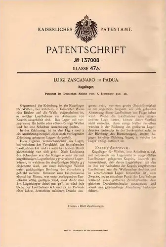 Original Patentschrift - L. Zancanaro in Padua , 1901 , Kugellager !!!