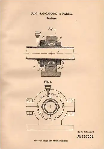 Original Patentschrift - L. Zancanaro in Padua , 1901 , Kugellager !!!