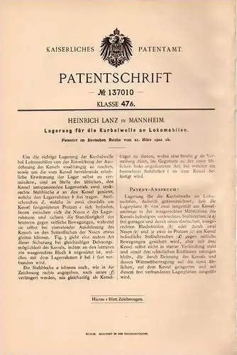 Original Patentschrift - Heinrich Lanz in Mannheim , 1902 , Lokomobile , Lagerung für Kurbelwelle !!!