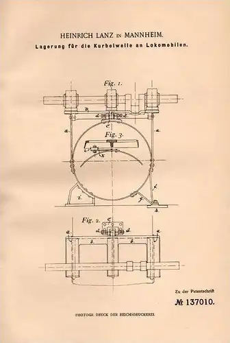Original Patentschrift - Heinrich Lanz in Mannheim , 1902 , Lokomobile , Lagerung für Kurbelwelle !!!
