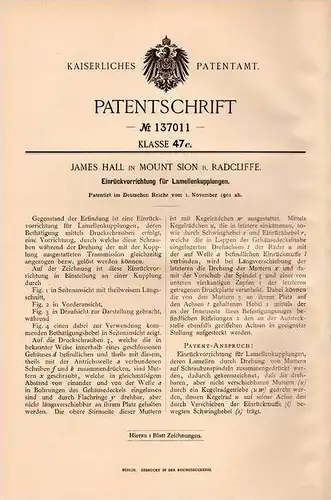 Original Patentschrift - J. Hall in Mount Sion b. Radcliffe , 1901 , Lamellenkupplung , Kupplung !!!