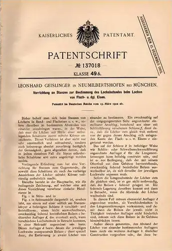 Original Patentschrift - L. Geislinger in Neu - Milbertshofen  b. München , 1902 , Apparat zum Lochen von Flacheisen !!!