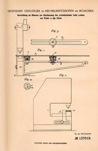 Original Patentschrift - L. Geislinger in Neu - Milbertshofen  b. München , 1902 , Apparat zum Lochen von Flacheisen !!!