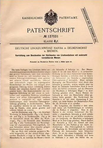 Original Patentschrift - Deutsche Linoleumwerke Hansa in Delmenhorst b. Bremen , 1902 , Schneideapparat für Linoleum !!!