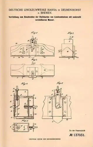 Original Patentschrift - Deutsche Linoleumwerke Hansa in Delmenhorst b. Bremen , 1902 , Schneideapparat für Linoleum !!!