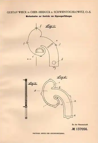 Original Patentschrift - G. Wiek in Ober Heiduk b. Schwientochlowitz , 1902 , Markenkasten von Kippwagen !!!