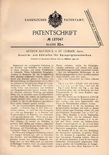 Original Patentschrift - Arthur Davroux in St. Gobain , Aisne , 1901 , Ofen für Spiegel , Spiegelglas !!!