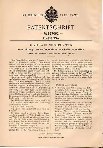 Original Patentschrift - W. Zell in Kl. Neusiedl b. Wien , 1902 , Apparat zum Schneiden von Cellulose - Rollen !!!