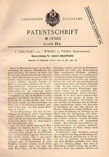 Original Patentschrift - F. Jablonsky in Torda , Siebenbürgen , 1901 , Keizung für Zellstoff - Kocher !!!