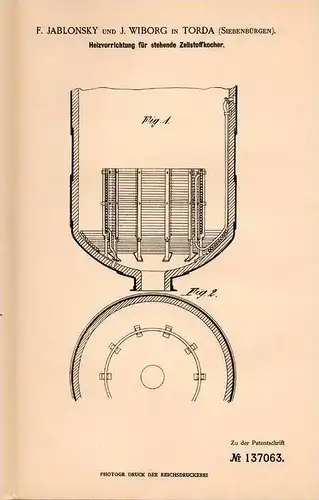 Original Patentschrift - F. Jablonsky in Torda , Siebenbürgen , 1901 , Keizung für Zellstoff - Kocher !!!