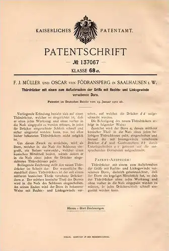 Original Patentschrift - Oscar von Födransperg in Saalhausen i.W., 1902 , Thürdrücker mit Dorn !!!