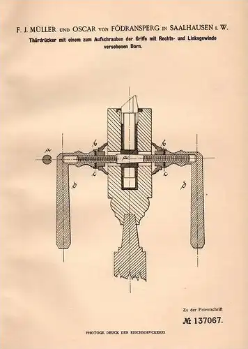 Original Patentschrift - Oscar von Födransperg in Saalhausen i.W., 1902 , Thürdrücker mit Dorn !!!