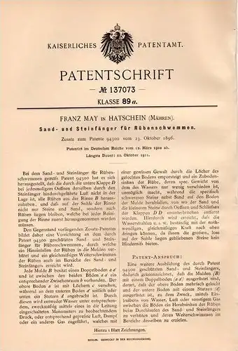 Original Patentschrift - Franz May in Hatschein , Mähren , 1902 , Sand- und Steinfänger für Rüben  !!!