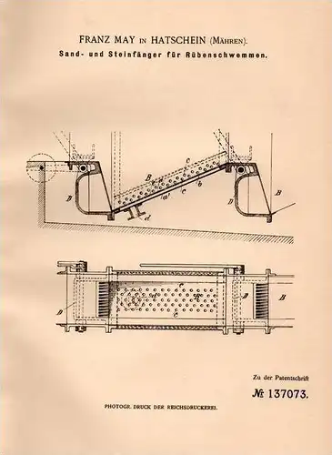 Original Patentschrift - Franz May in Hatschein , Mähren , 1902 , Sand- und Steinfänger für Rüben  !!!