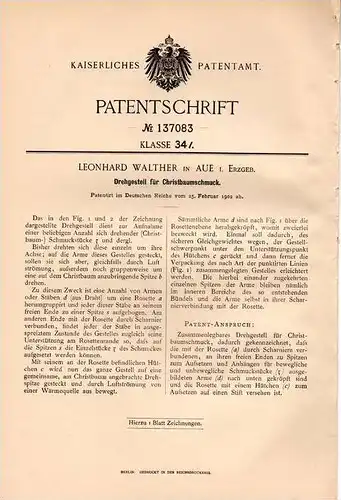 Original Patentschrift - L. Walther in Aue i. Erzgeb., 1902 , Christbaum - Schmuck , Weihnachtsbaum , Weihnachten !!!