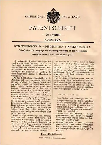 Original Patentschrift - Ro. Wunderwald in Niederwiera b. Waldenburg i.S. , 1902 , Einlauftrichter für Mahlgänge !!!