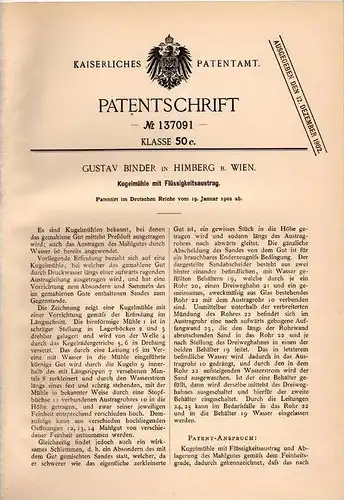 Original Patentschrift - Gustav Binder in Himberg b. Wien , 1902 , Kugelmühle , Mühle !!!