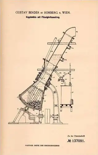 Original Patentschrift - Gustav Binder in Himberg b. Wien , 1902 , Kugelmühle , Mühle !!!