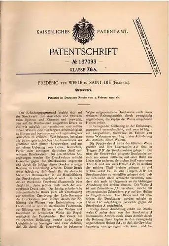 Original Patentschrift - Frédéric ter Weele in Saint Dié , 1902 , Streckwerck , Spinnerei , Kämmerei !!!