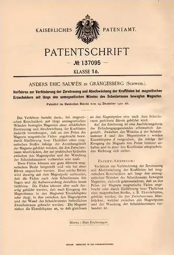 Original Patentschrift - A. Salwén in Grängesberg , Schweden , 1901 , magnetische Erzscheider , Magnet , Erz !!!