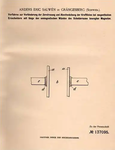 Original Patentschrift - A. Salwén in Grängesberg , Schweden , 1901 , magnetische Erzscheider , Magnet , Erz !!!