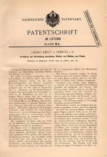 Original Patentschrift - G. Ebert in Sebnitz i.S. , 1902 , künstliche Blätter und Blüten aus Papier !!!