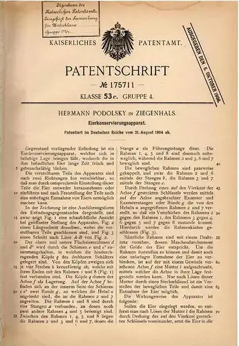 Original Patentschrift - H. Podolsky in Ziegenhals , 1904 , Konservierungsapparat für Eier , Ei !!!