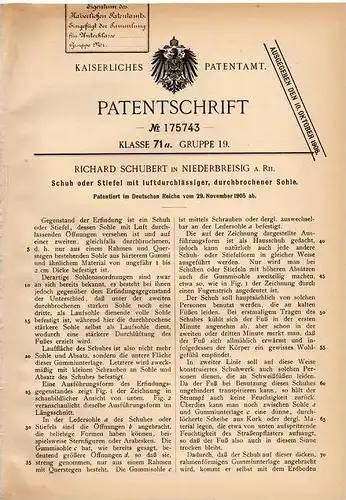 Original Patentschrift - R. Schubert in Niederbreisig a. Rh., Bad Breisig , 1905 Schuh mit luftdurchlässiger Sohle !!!