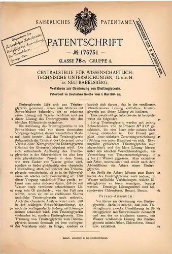 Original Patentschrift - Centralstelle für Wissenschaftl. Untersuchung in Neu-Babelsberg , 1904 , Nitroglycerin !!!
