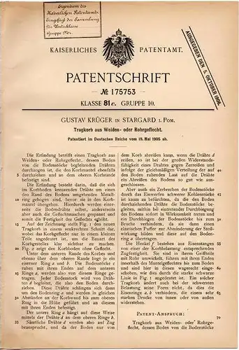 Original Patentschrift - G. Krüger in Stargard i. Pommern , 1905 , Tragkorb aus Weiden- oder Rohrgeflecht , Korb !!!