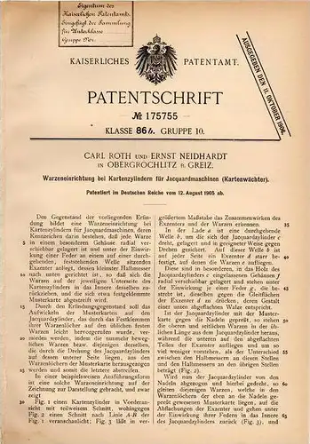 Original Patentschrift - C. Roth in Obergrochlitz b. Greiz , 1905 , Kartenzylinder für Jaquardmaschinen !!!