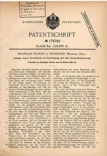 Original Patentschrift - R. Stanley in Nuneaton , Warwick , 1905 , Maschine zur Erz - Zerkleinerung und Wäsche !!!