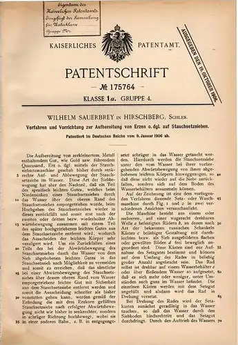 Original Patentschrift - W. Sauerbrey in Hirschberg , Schlesien , 1906 , Aufbereitung von Erz bei Gold - Verarbeitung !!