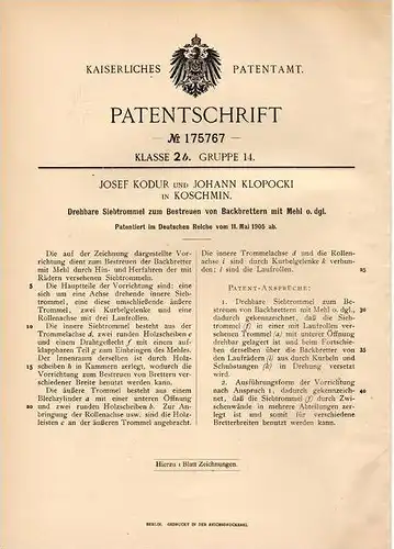 Original Patentschrift - J. Kodur und J. Klopocki in Koschmin , 1905 , Siebtrommel für Backbrett , Bäckerei !!!