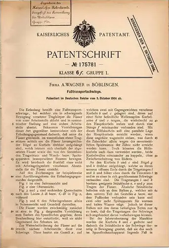 Original Patentschrift - Fa. A. Wagner in Böblingen , 1904 , Faßtransportschwinge , Fass , Fässer , Bierfaß !!!