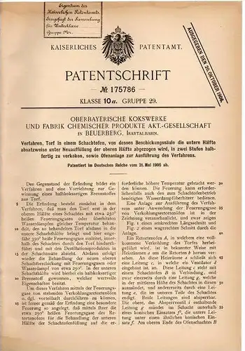 Original Patentschrift - Oberbayerische Kokswerke in Beuerberg b. Eurasburg , Isartalbahn , 1905 , Schachtofen für Torf