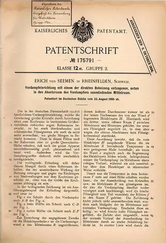 Original Patentschrift - Erich von Seemen in Rheinfelden , 1905 , Verdampfer , Verdampfeinrichtung !!!