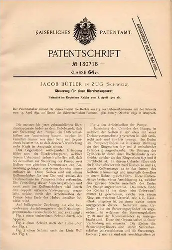 Original Patentschrift - J. Bütler in Zug , Schweiz , 1900 , Steuerung für Bierapparat , Bier !!!