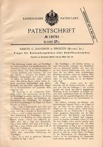 Original Patentschrift - S. Davidson in Sirocco , Belfast , Irland , 1901 , Flügel für Schiffschraube , Schiff !!!