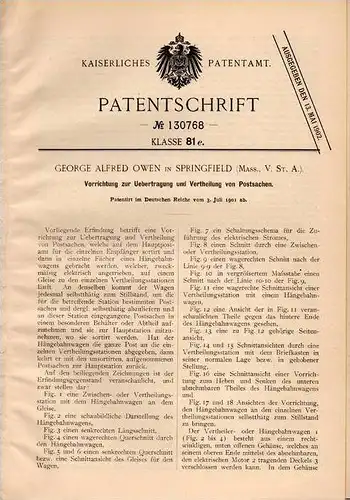 Original Patentschrift - Verteileranlage für Postsachen , Post , 1901 , G. Owen in Springfield , USA , Postbote , USM !!