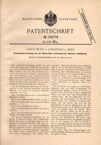 Original Patentschrift - J. Buch in Longeville b. Metz , 1900 , Verbindung für Schiene mit Satteltasche , Eisenbahn !!!