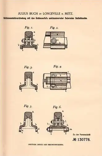 Original Patentschrift - J. Buch in Longeville b. Metz , 1900 , Verbindung für Schiene mit Satteltasche , Eisenbahn !!!