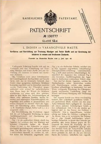 Original Patentschrift - L. Didier in Varengeville Haute , 1901 , Apparat zur Trennung fester und flüssiger Stoffe !!!