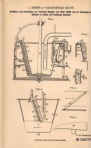 Original Patentschrift - L. Didier in Varengeville Haute , 1901 , Apparat zur Trennung fester und flüssiger Stoffe !!!