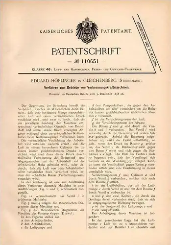 Original Patentschrift - E. Höflinger in Gleichenberg , Steiermark , 1898 , Betrieb von Verbrennungskraftmaschinen !!!